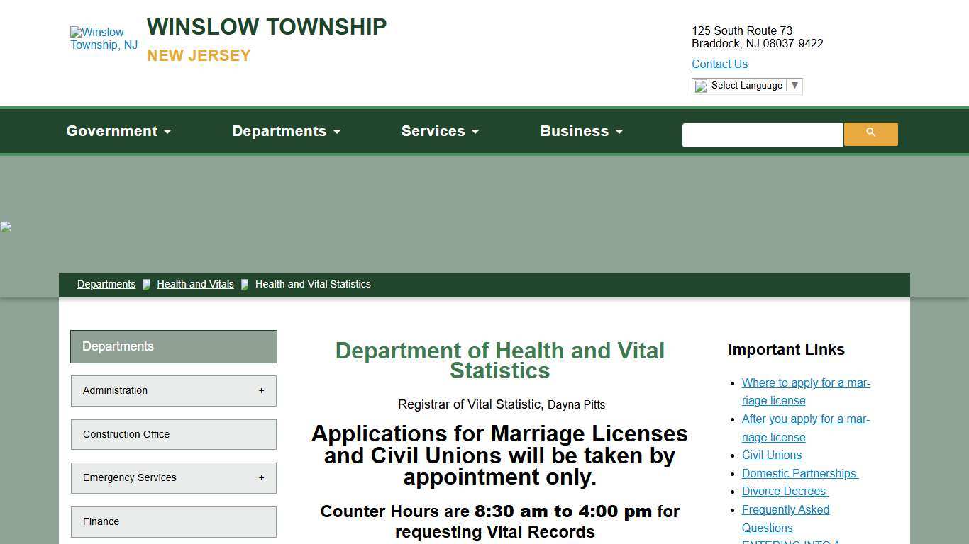 Health and Vital Statistics - Winslow Township, NJ
